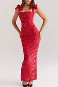 Floral Guipure Lace Shoulder Bow Sweetheart Column Maxi Gown