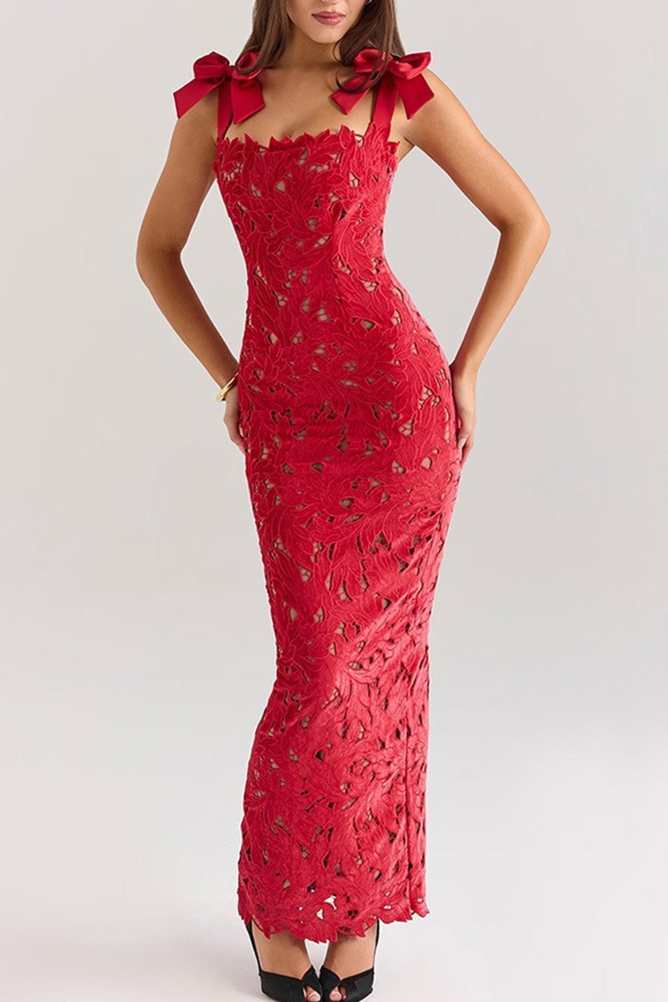 Floral Guipure Lace Shoulder Bow Sweetheart Column Maxi Gown
