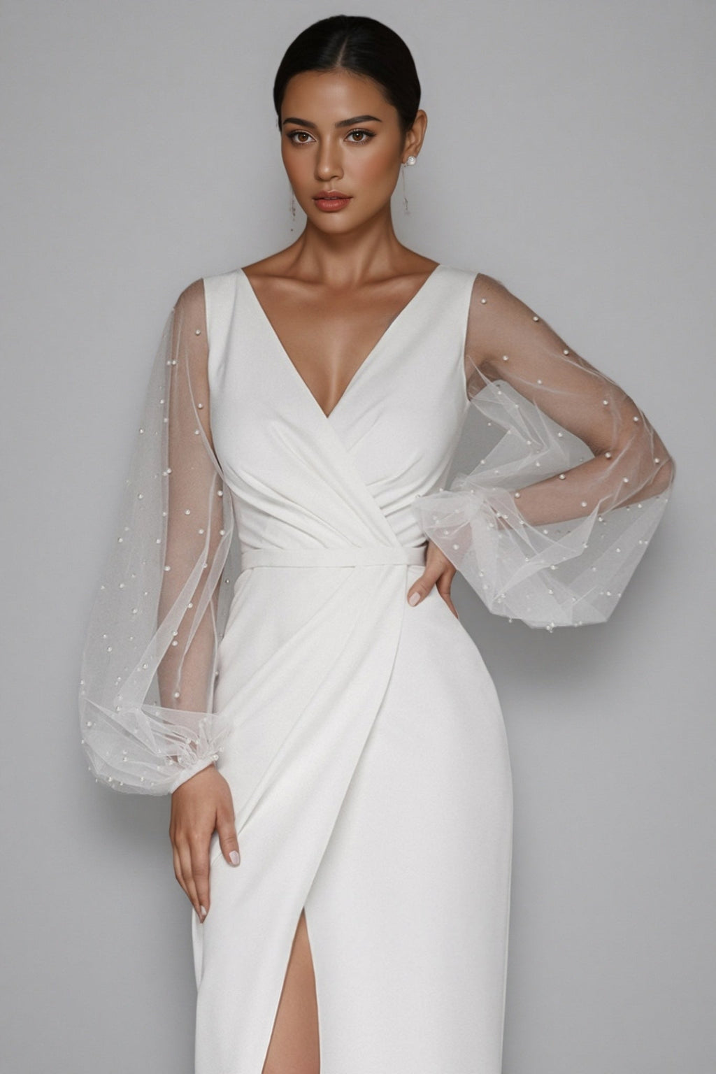 Carlotta White Deep V-Neck Slit Maxi Dress