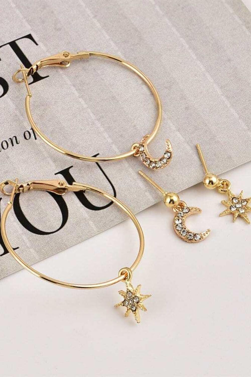 Blue Zone Planet | 2-Pair Moon and Star Drop Earrings