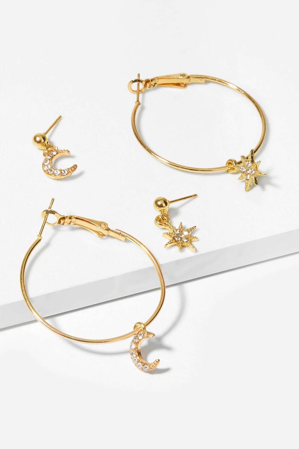 Blue Zone Planet | 2-Pair Moon and Star Drop Earrings