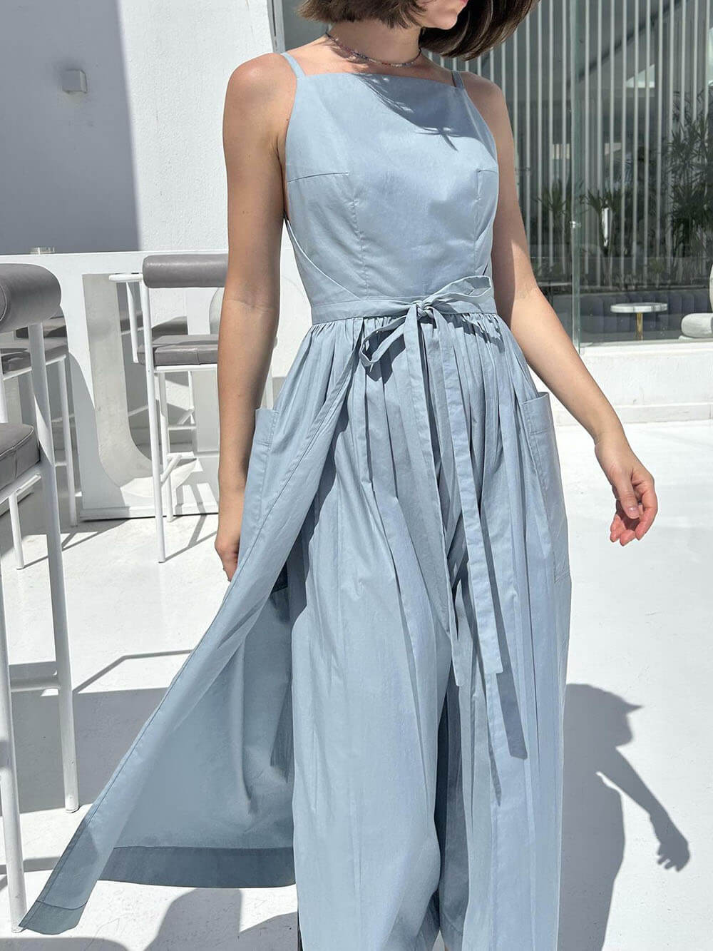 Square Neck Spaghetti Strap Tie Waist Pocket Maxi Dress