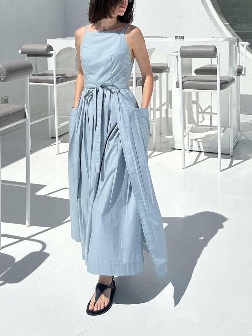 Square Neck Spaghetti Strap Tie Waist Pocket Maxi Dress