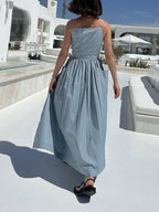 Square Neck Spaghetti Strap Tie Waist Pocket Maxi Dress