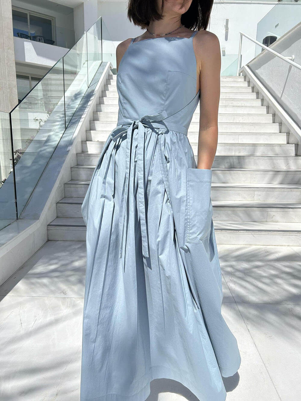 Square Neck Spaghetti Strap Tie Waist Pocket Maxi Dress