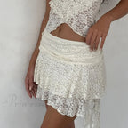 2 Piece Lace Sheer Outfits Flower Layered Crop Camis Tops + High Waist Irregular Hem Mini Skirt Party Club Night Matching Set