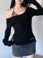 2 Piece Leopard Skew Collar Long Sleeve Tee and Halter Bra Set