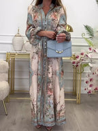 Floral Print V-neck Lantern Sleeves Maxi Dresses