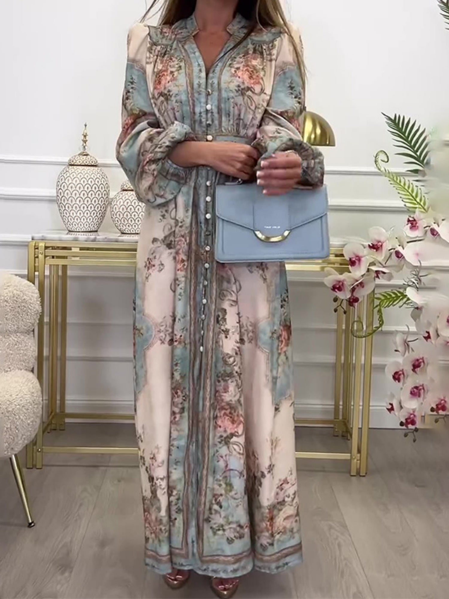 Floral Print V-neck Lantern Sleeves Maxi Dresses