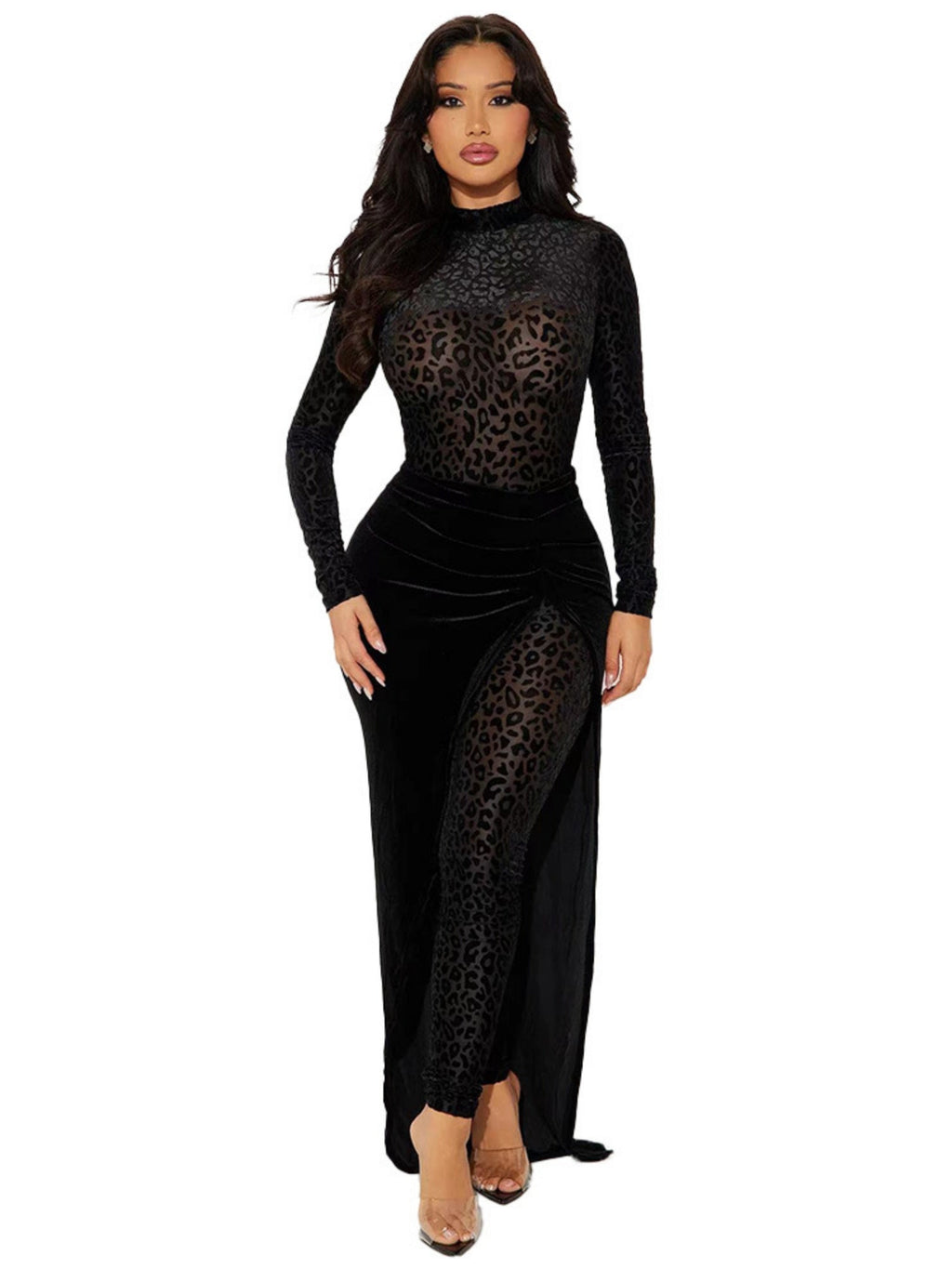 Leopard Print Velvet Sexy See-through Two-piece Set Bodysuit/Pants