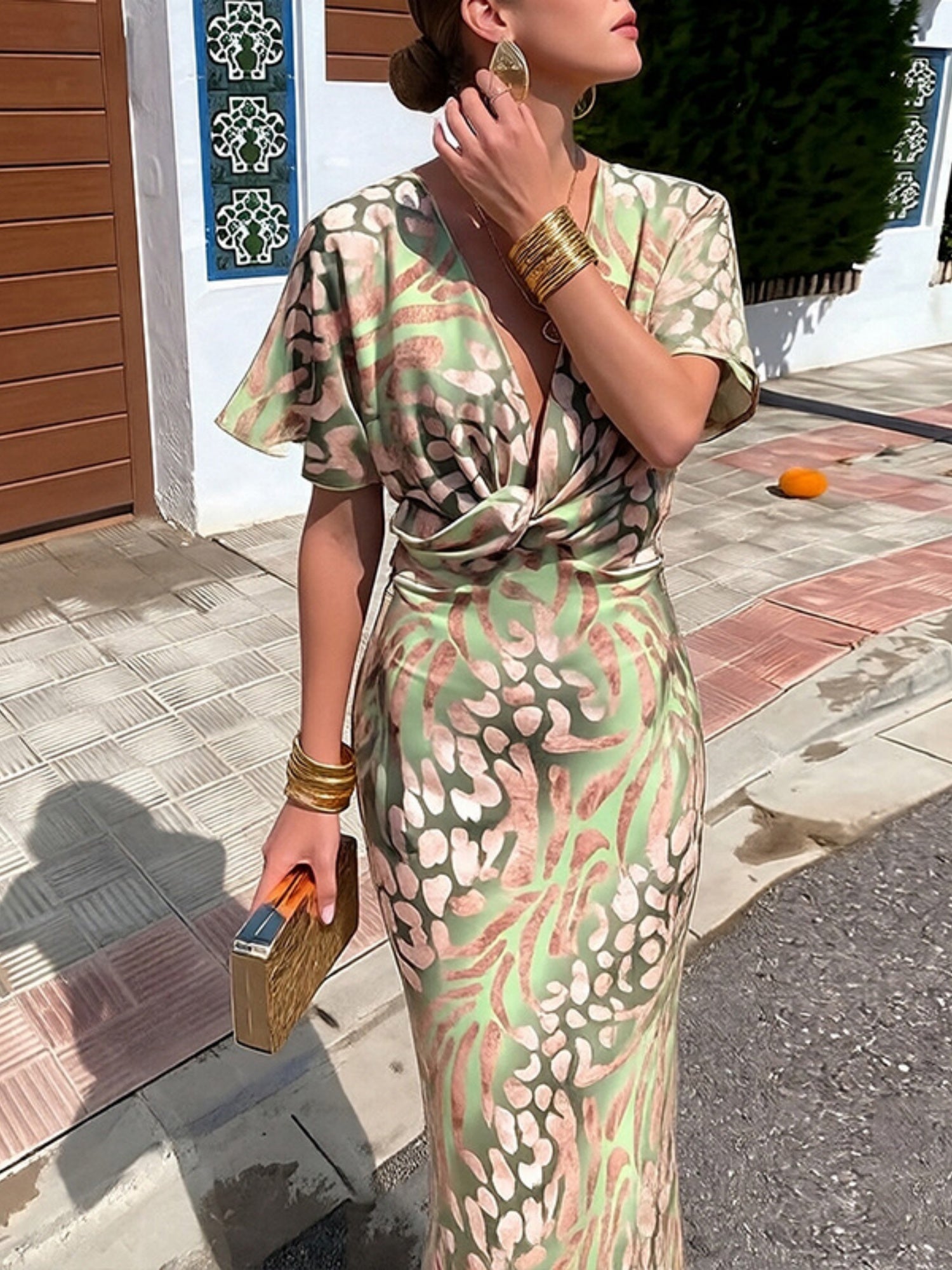 Floral Print Knot V-neck Short Sleeve Maxi Dresses