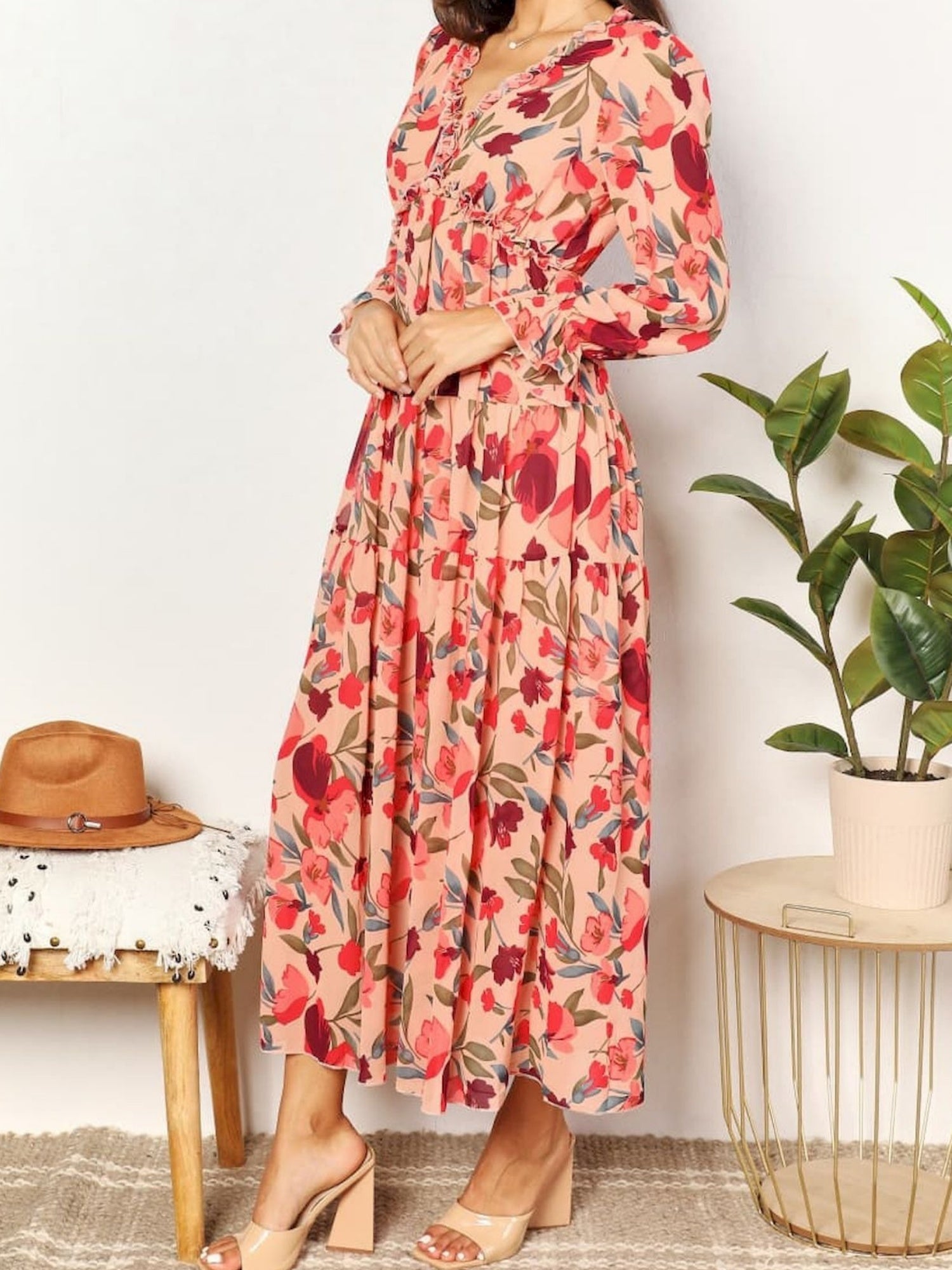 Floral Print V-neck Lantern Sleeves Maxi Dresses