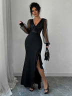 V-neck High-waisted Sequins Splicing Maxi Dresses