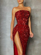 Sequins Slit Strapless Off-shoulder Maxi Dresses