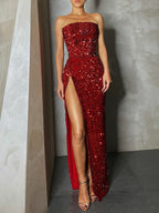 Sequins Slit Strapless Off-shoulder Maxi Dresses