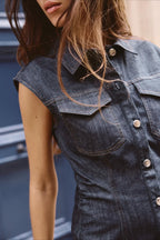 Denim Shirt Collar Sleeveless Button Front Chest Pocket Bodycon Mini Dress