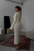 Collar Button Down Knit Fitted Bodycon Split Long Sweater Dress