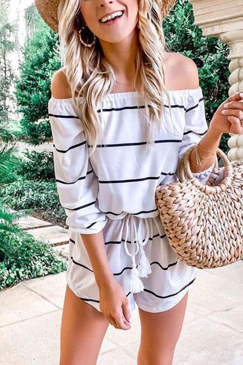 Off Shoulder Drawstring Waist Striped Shorts Jumpsuit