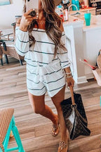 Off Shoulder Drawstring Waist Striped Shorts Jumpsuit