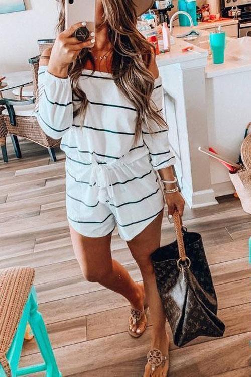 Off Shoulder Drawstring Waist Striped Shorts Jumpsuit