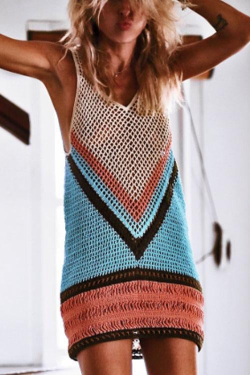 Color Block Hollow Out Beach Cover Up