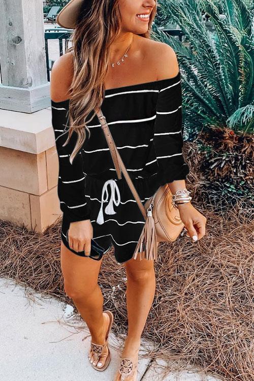 Off Shoulder Drawstring Waist Striped Shorts Jumpsuit