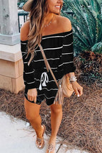 Off Shoulder Drawstring Waist Striped Shorts Jumpsuit