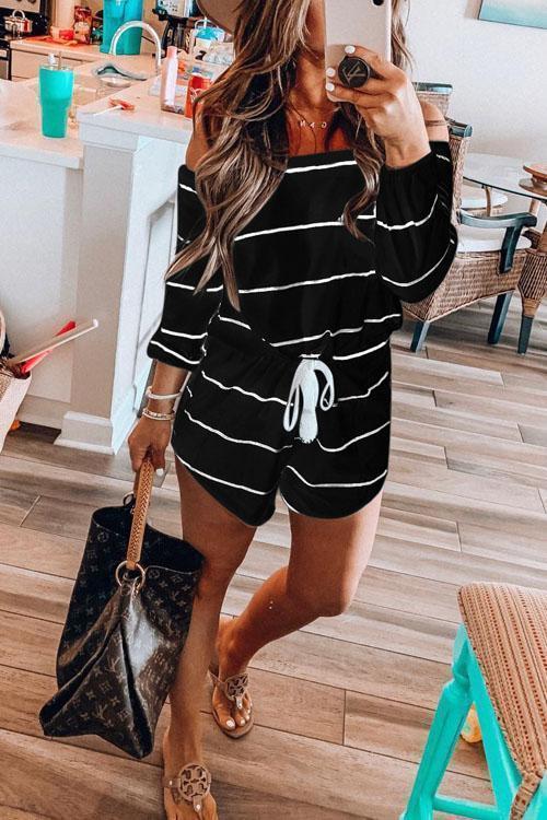 Off Shoulder Drawstring Waist Striped Shorts Jumpsuit