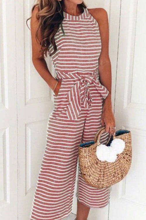Crewneck Sleeveless Striped Bow-Knot Wide Leg Jumpsuit