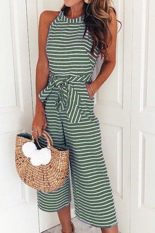 Crewneck Sleeveless Striped Bow-Knot Wide Leg Jumpsuit