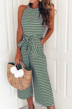 Crewneck Sleeveless Striped Bow-Knot Wide Leg Jumpsuit