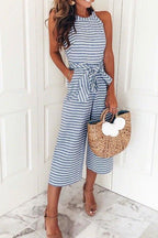 Crewneck Sleeveless Striped Bow-Knot Wide Leg Jumpsuit