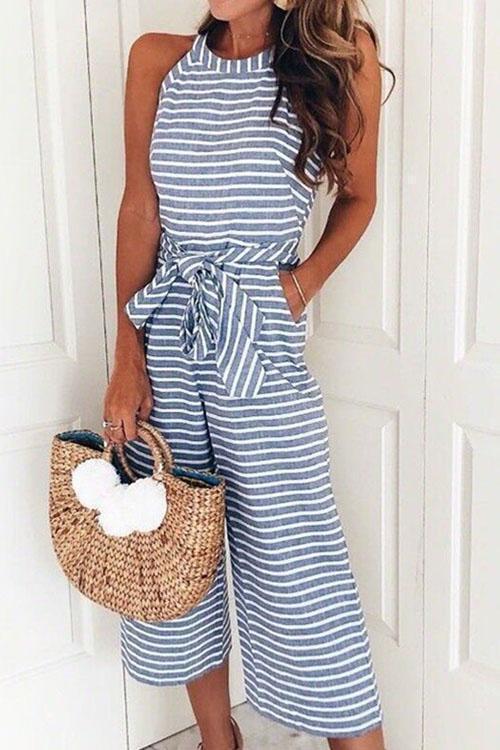 Crewneck Sleeveless Striped Bow-Knot Wide Leg Jumpsuit