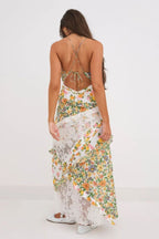 Deep V Neck Tie Front Patchwork Floral Lace Tiered Maxi Dress