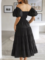 Off-the-shoulder Geometric Color-blocked Print Tulle Skirt With Puff Sleeves Long Dress