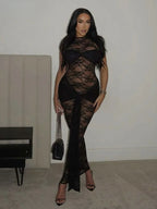 Floral Lace High Neck Knot Waist Sheer Overlay Bodycon Maxi Dress