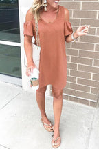 V Neck Cold Shoulder Solid T Shirt Dress