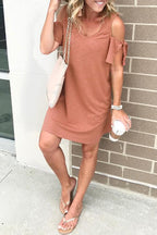V Neck Cold Shoulder Solid T Shirt Dress