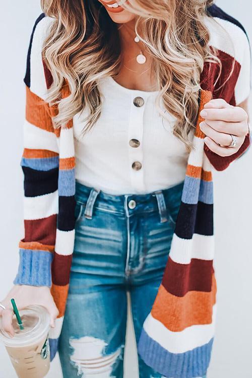 Rainbow Stripes Open Front Cozy Sweater Cardigan