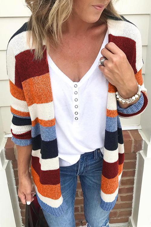 Rainbow Stripes Open Front Cozy Sweater Cardigan