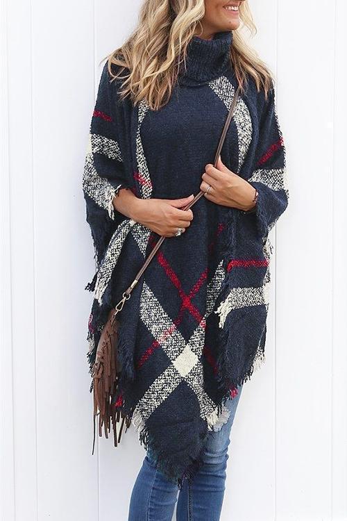 Tassel Color Block Classic Cloak Poncho Sweater