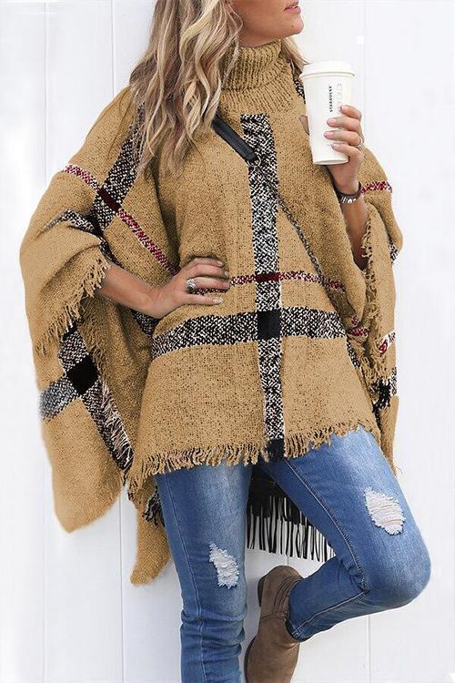 Tassel Color Block Classic Cloak Poncho Sweater