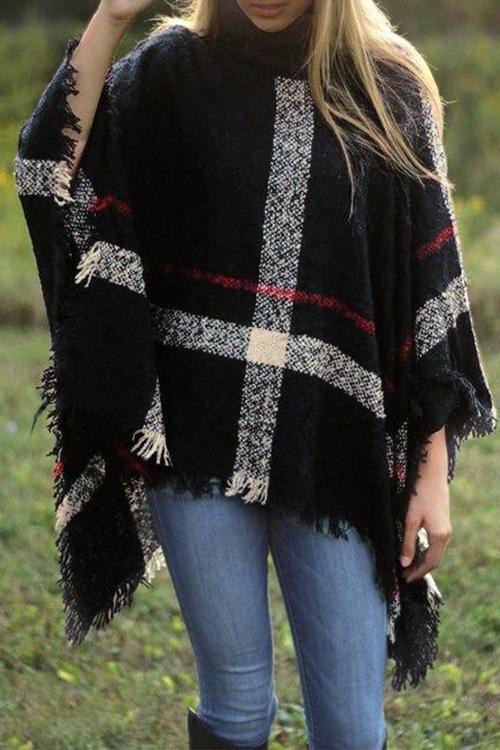 Tassel Color Block Classic Cloak Poncho Sweater