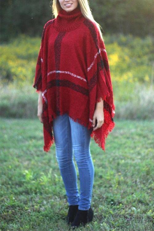 Tassel Color Block Classic Cloak Poncho Sweater
