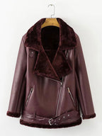 Women's Leather Jacket Faux Shearling PU Moto Jacket Winter Outerwear