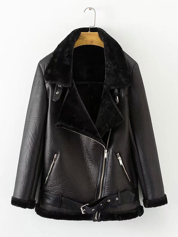 Women's Leather Jacket Faux Shearling PU Moto Jacket Winter Outerwear