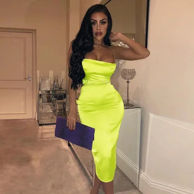 Satin Cowl Neck Spaghetti Strap Bodycon Midi Dress