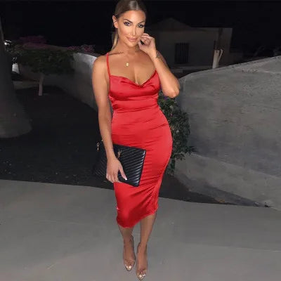 Satin Cowl Neck Spaghetti Strap Bodycon Midi Dress