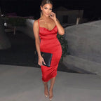 Satin Cowl Neck Spaghetti Strap Bodycon Midi Dress