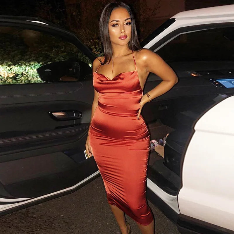 Satin Cowl Neck Spaghetti Strap Bodycon Midi Dress